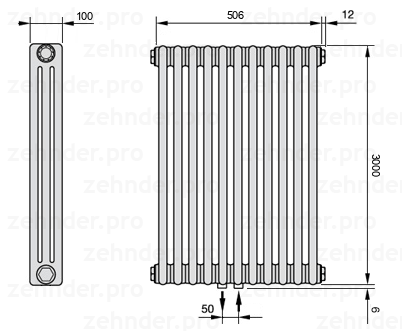 Схема (чертеж) Радиатор Zehnder Charleston 3300/11 №5410 Белый глянцевый RAL 9016